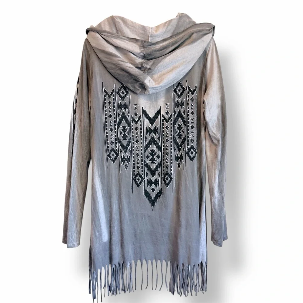 Vocal 100% Cotton embellished open front hooded Cardigan, fringed hem tie dye XL